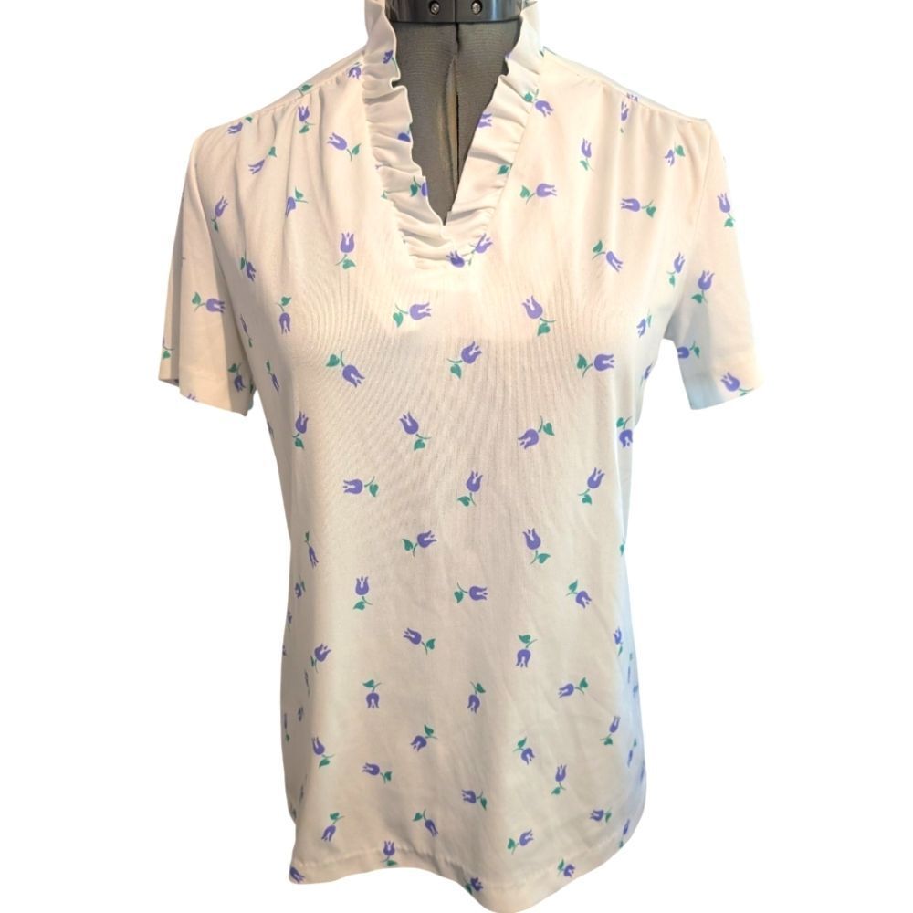 Vintage Women's Bonworth White‎ Tulip Floral Print Ruffle Poly Short Sleeve Top